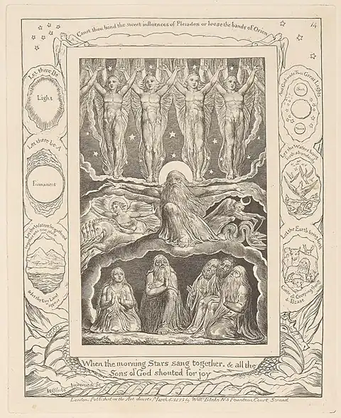 William Blake, Illustrations of the Book of Job, plate 14: When the Morning Stars Sang Together (1826). Engraving.